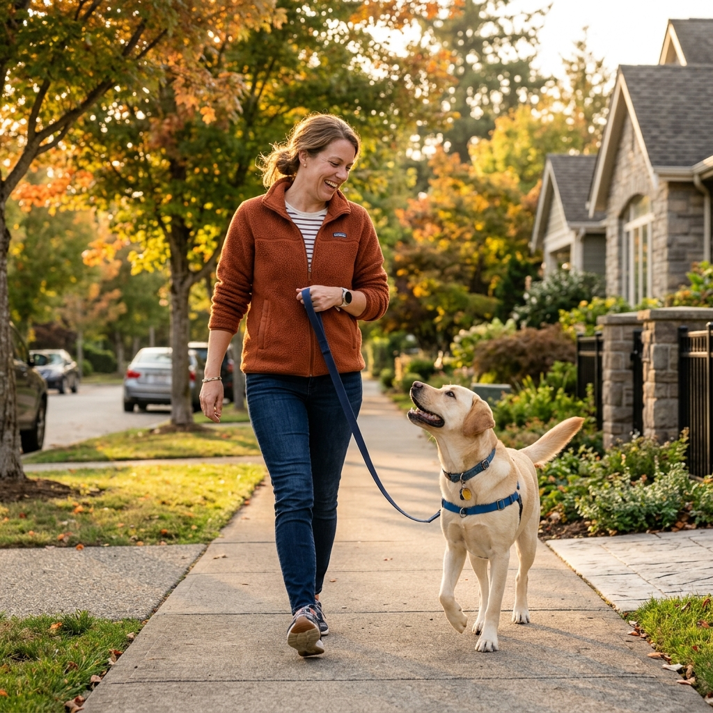 Loose-leash walk with a calm labrador